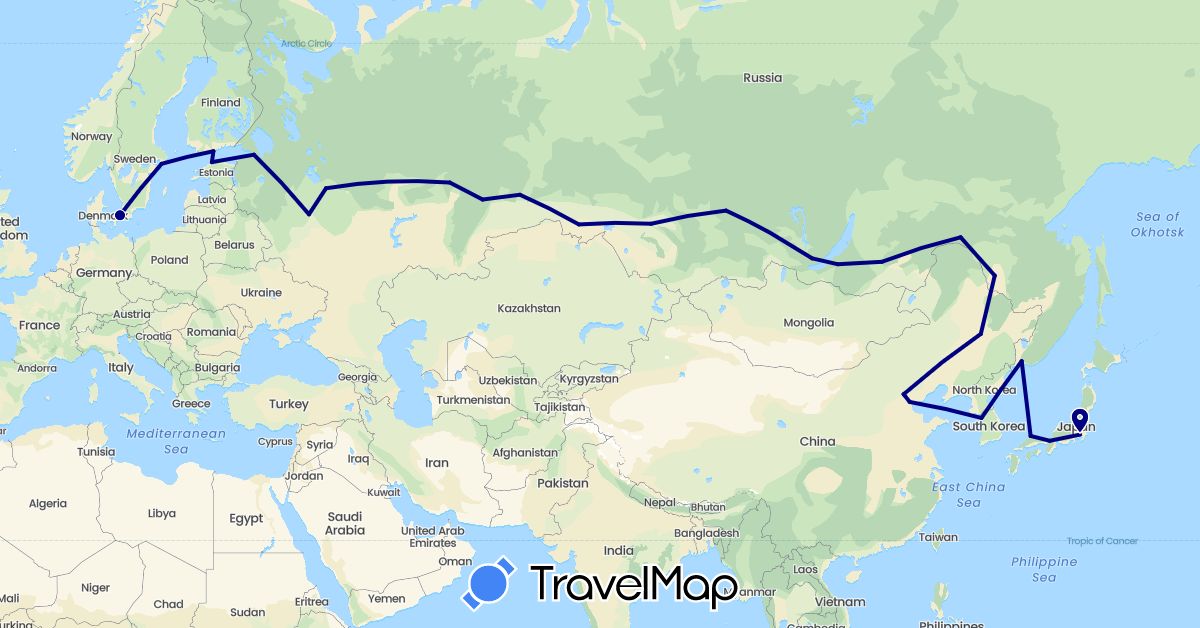 TravelMap itinerary: driving in China, Denmark, Estonia, Finland, Japan, South Korea, Russia, Sweden (Asia, Europe)